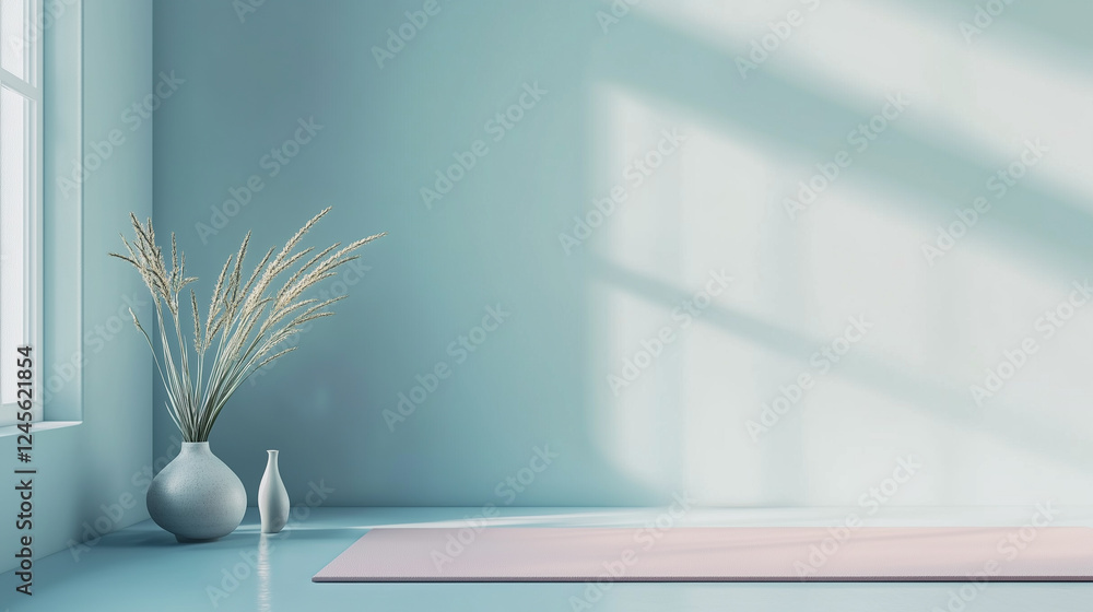 Fototapeta premium Yoga and Meditation background. A minimalist background with a yoga mat on the floor in soft pastel colors.