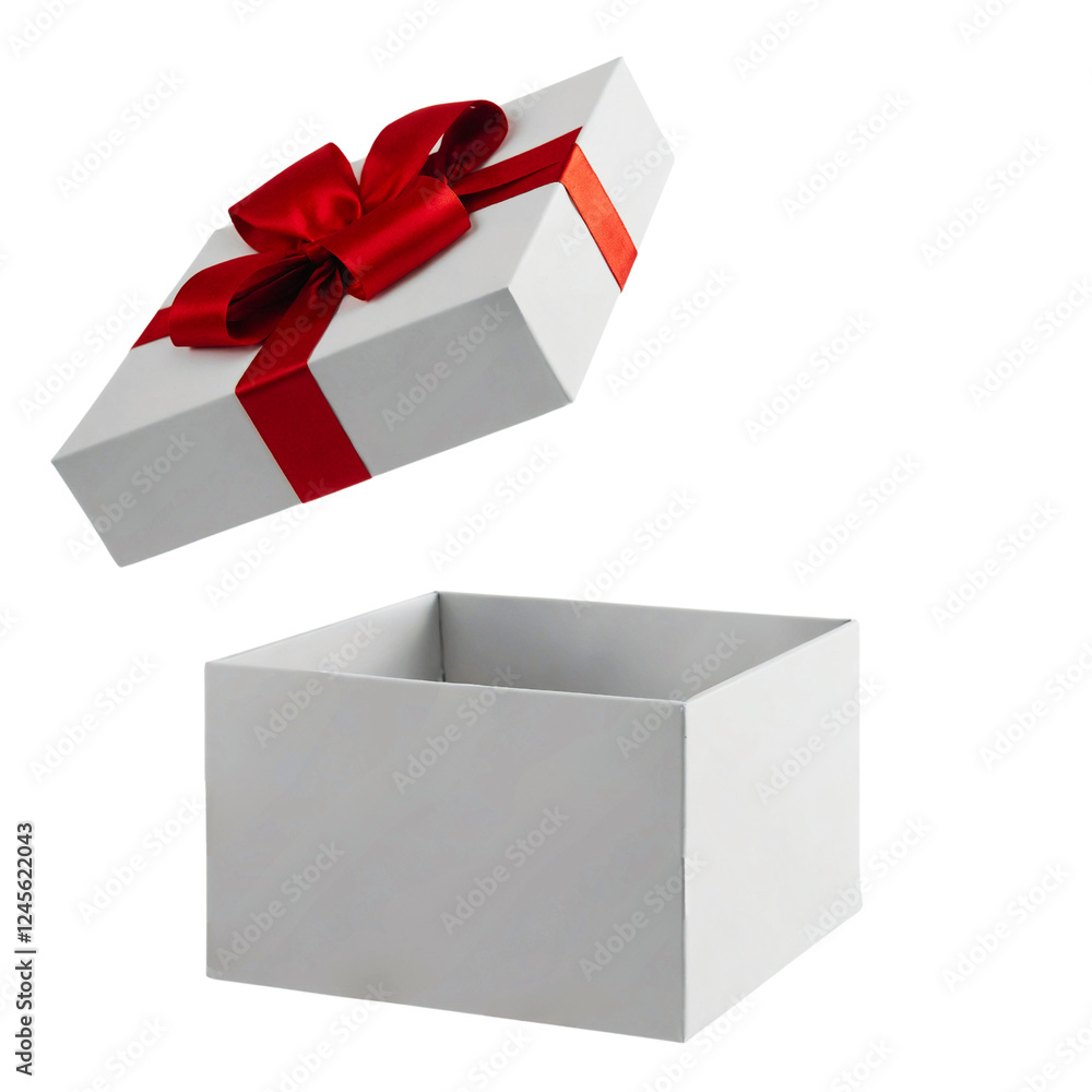 White gift box with red ribbon isolated on empty background. Christmas present for holiday sale shop design element.
White gift box with red ribbon isolated on empty background. Christmas present for holiday sale shop design element.