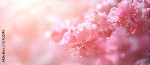 Delicate pink cherry blossoms in a soft blurry background create an ethereal bokeh effect enhancing visual creativity and aesthetic appeal.