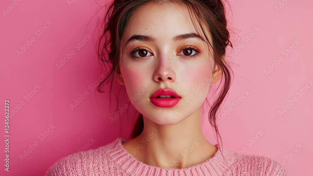 Young woman expressing surprise on pink background with subtle movement Young woman expressing surprise on pink background with subtle movement