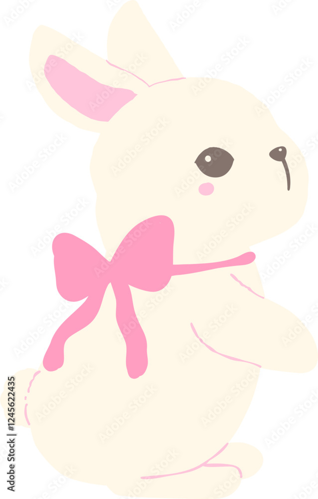 Cute White Bunny with Pink Coquette Ribbon Bow Adorable Cartoon Rabbit Cute White Bunny with Pink Coquette Ribbon Bow Adorable Cartoon Rabbit