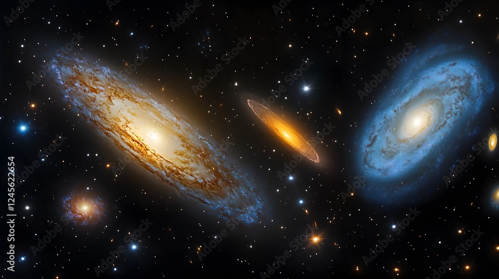 Naklejka premium Group of galaxies and space art representing layered cosmic dimensions in a stunning visual display
