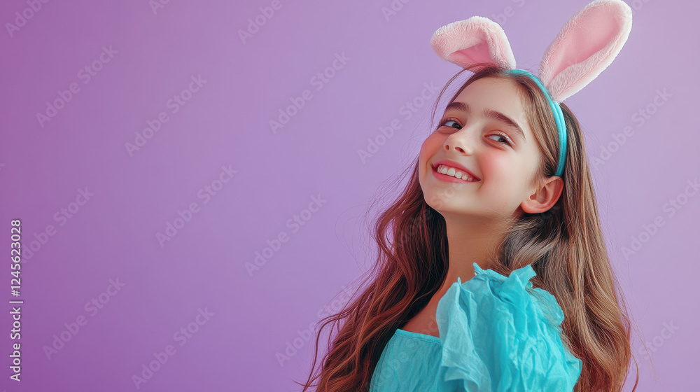 Side profile of a cheerful 16-year-old American teen in a turquoise dress for Easter