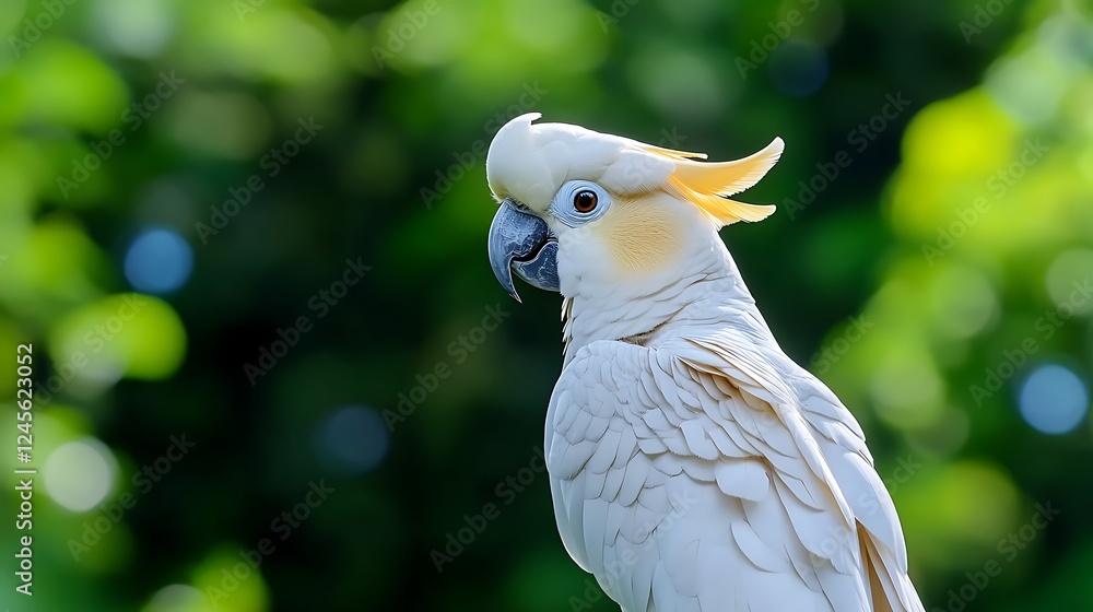 Close-up of a white cockatoo against a blurred green background, showcasing its vibrant feathers and curious expression Close-up of a white cockatoo against a blurred green background, showcasing its vibrant feathers and curious expression