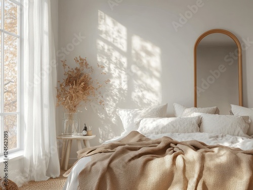 Cozy Bedroom Scene with Neutral Colors and Natural Light in Scandinavian Style photo