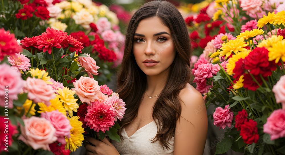 Woman Amidst Blooms: A captivating portrait of a woman, radiating serenity and grace, is artfully framed by an explosion of vibrant floral colors, creating a scene of beauty and tranquility. Woman Amidst Blooms: A captivating portrait of a woman, radiating serenity and grace, is artfully framed by an explosion of vibrant floral colors, creating a scene of beauty and tranquility.