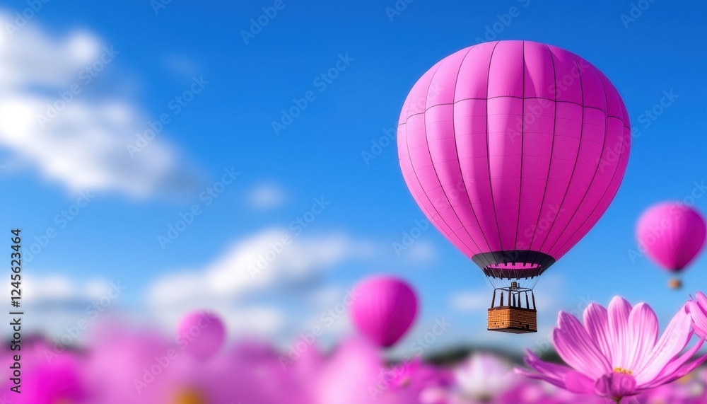 Fototapeta premium A vibrant pink hot air balloon floats above lush flowers under a clear blue sky, embodying freedom and adventure.