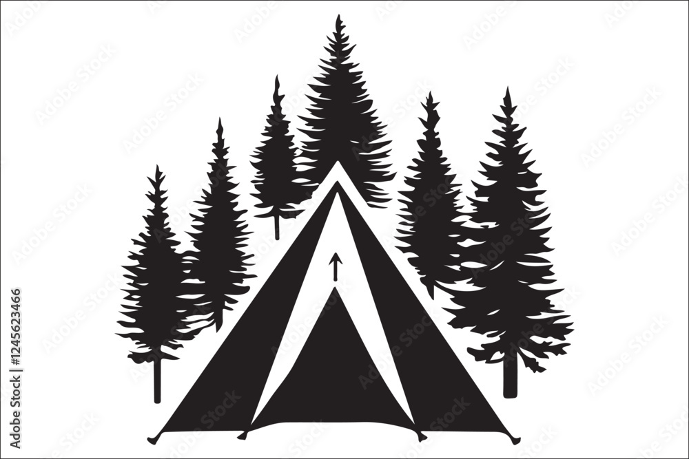 Obraz premium Scenic Mountain Landscape with Camping Silhouettes Vector Art