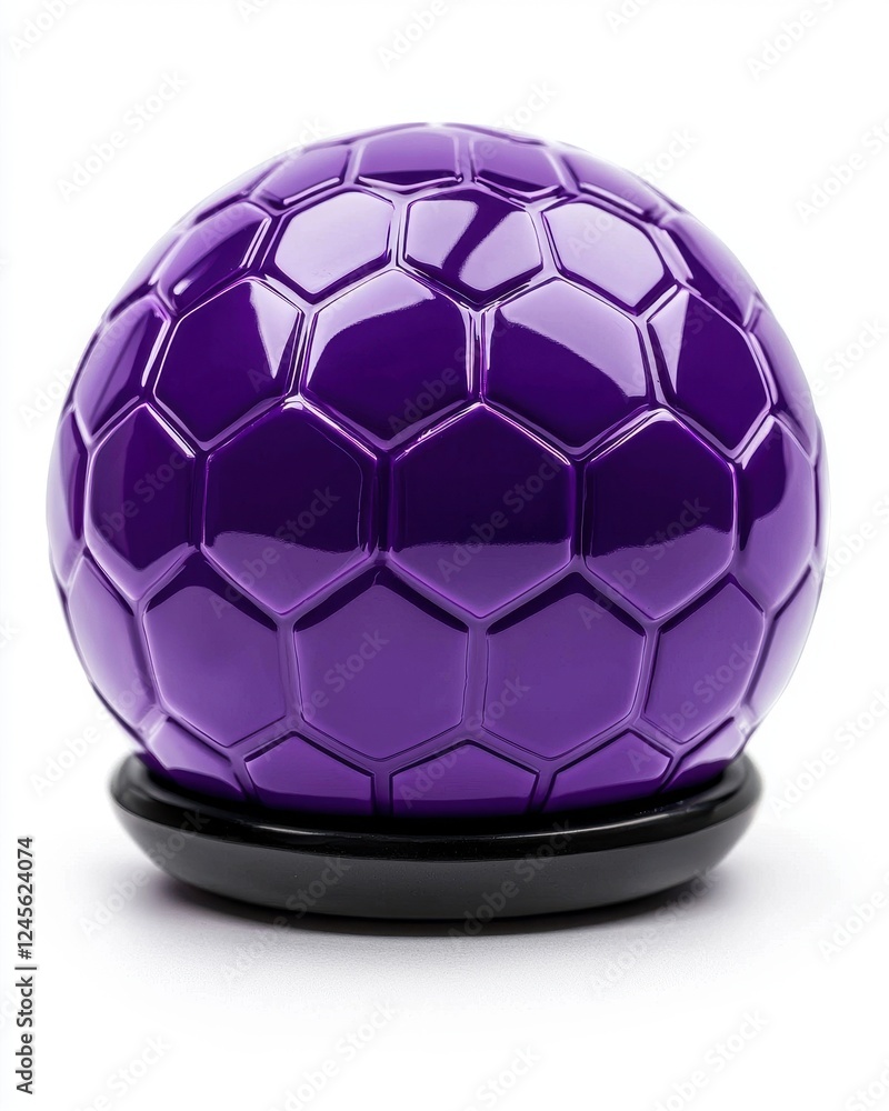 Fototapeta premium A vibrant purple soccer ball resting on a black base, perfect for sports-themed designs and activities.