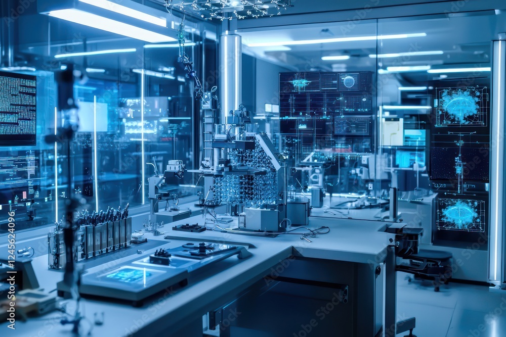 Precision tools in nanotechnology lab assemble molecules for advanced manufacturing. Precision tools in nanotechnology lab assemble molecules for advanced manufacturing.