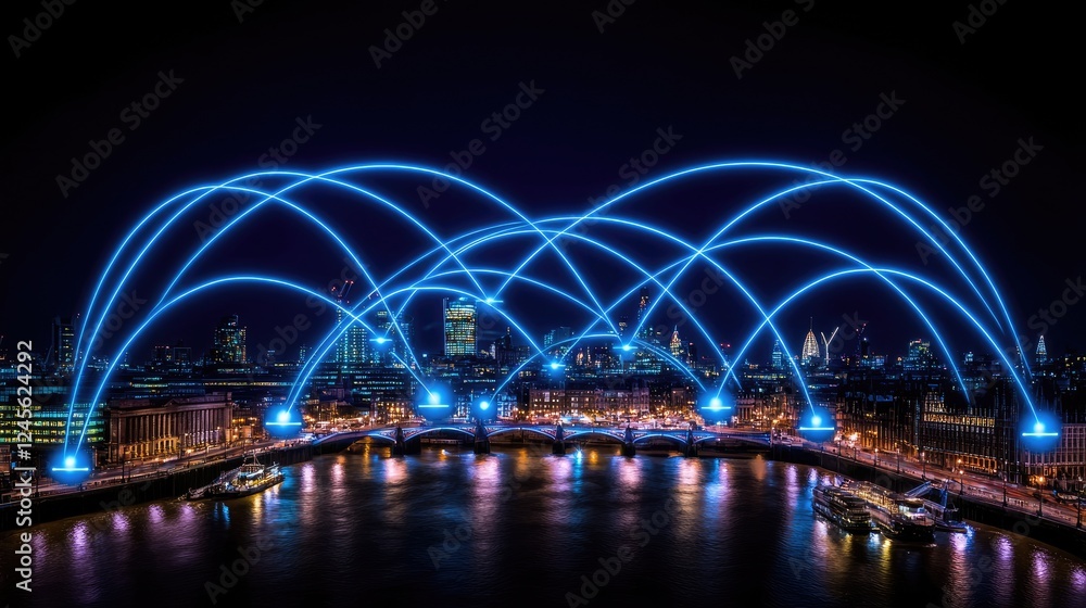 Illuminated bridge connection art display london digital installation urban nightscape aerial perspective technology showcase Illuminated bridge connection art display london digital installation urban nightscape aerial perspective technology showcase