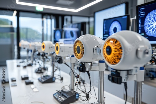 Advanced neuromarketing lab with eye-tracking and neural measurement tools.