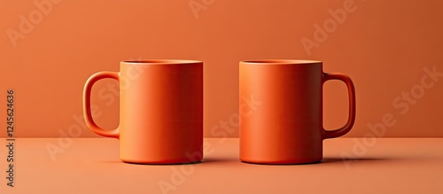 Minimalist orange ceramic mugs positioned symmetrically against a solid orange background emphasizing sleek design and vibrant color harmony photo