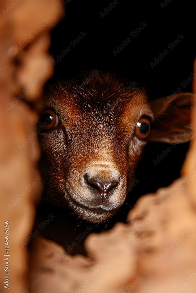 Fototapeta premium A Brown Goat Kid Peeking From A Crevice
