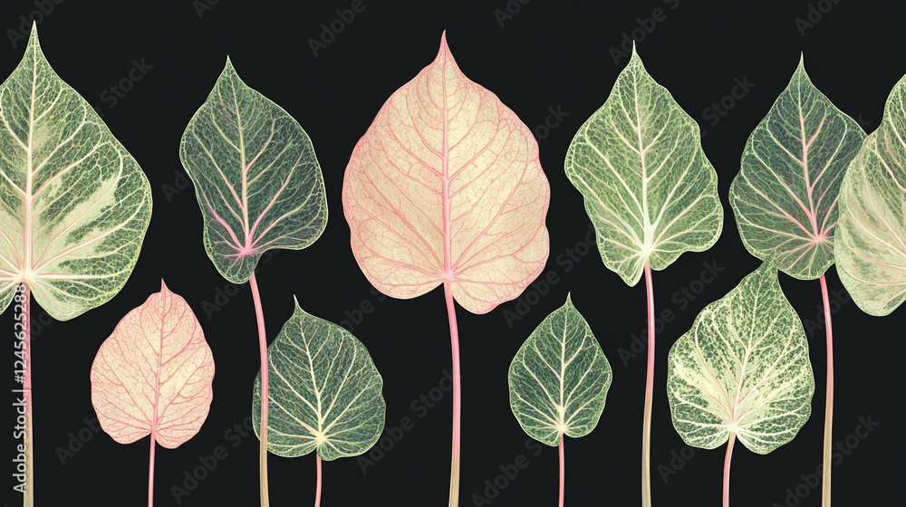 Obraz premium A collection of decorative leaves against a dark background.