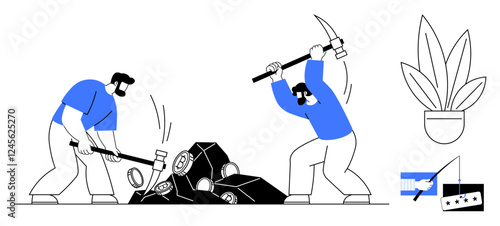 Two individuals breaking rocks with sledgehammer and pickaxe, potted plant, and music note graphic. Ideal for teamwork, manual labor, construction, growth, creativity, minimalism productivity