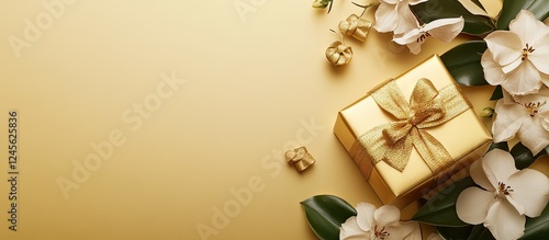 Elegant golden gift box adorned with a ribbon placed on a golden background surrounded by white flowers and green leaves on the left side.