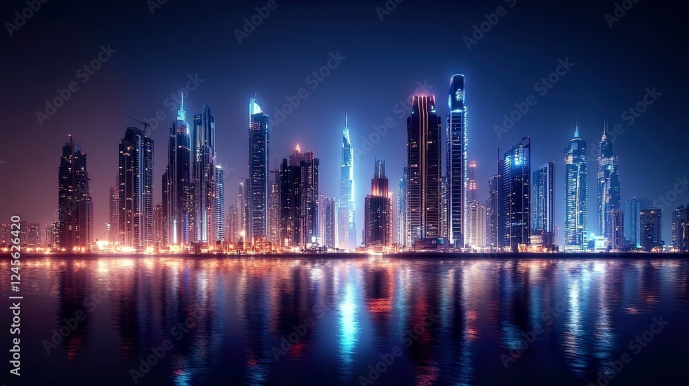 Fototapeta premium Futuristic city skyline at night, illuminated by neon lights and advanced technology