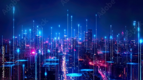 Futuristic city skyline at night, illuminated by neon lights and advanced technology
