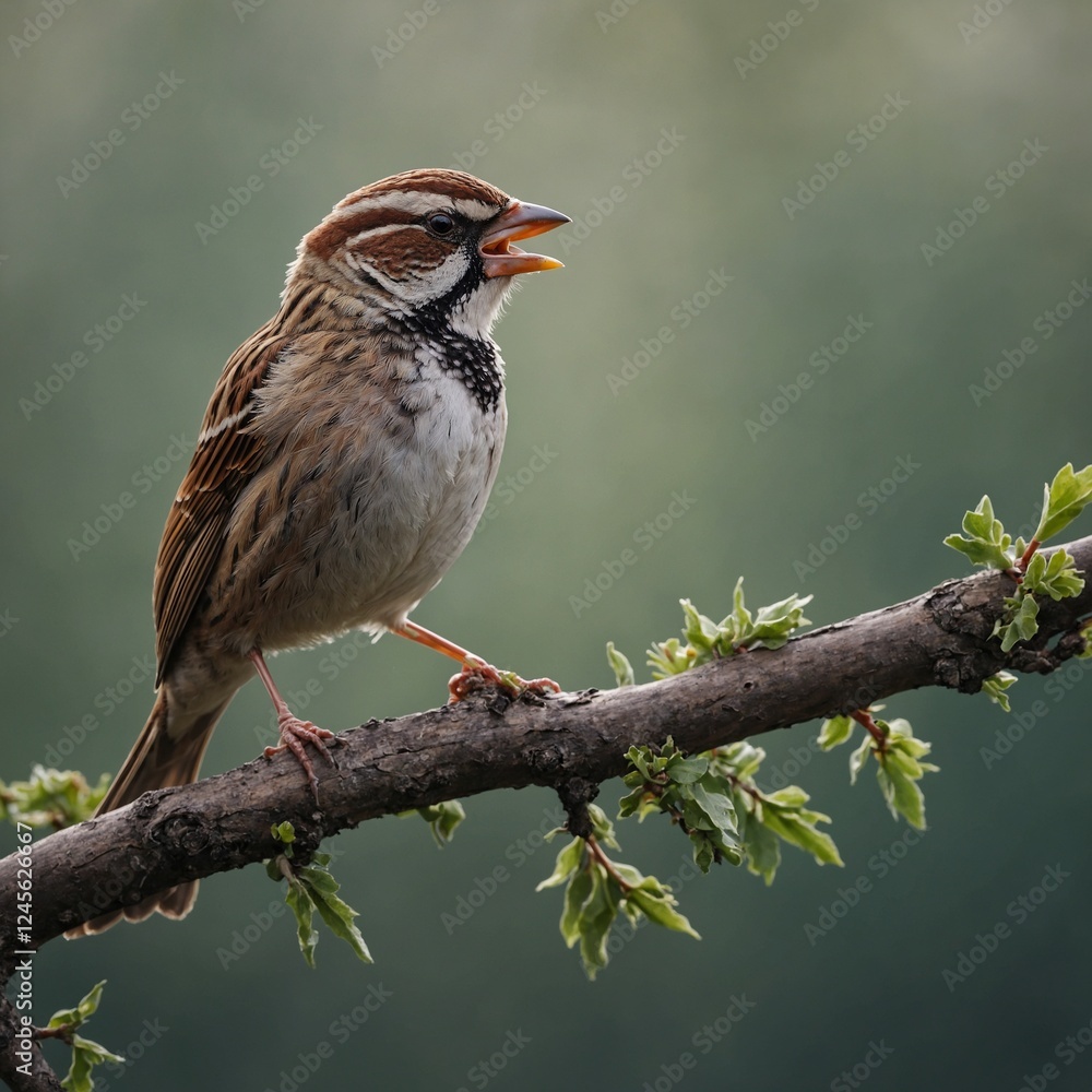 Fototapeta premium A beautiful sparrow singing on a tree branch, its beak open and feathers ruffled by the wind.