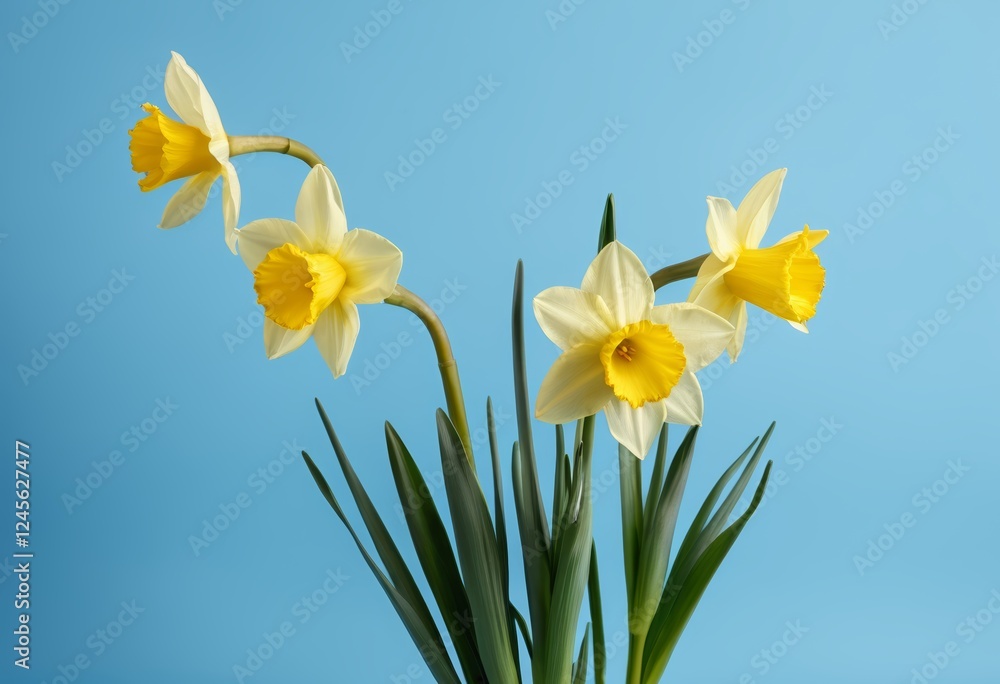 Fototapeta premium Close up Easter yellow daffodils on a blue background