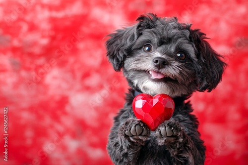 Cute portuguese water dog doggy with diamond red heart - emblem of love, funny greeting card. Portuguese water dog - my cherished dog. Digital ads creative. Animal valentines. Pet love ideas.