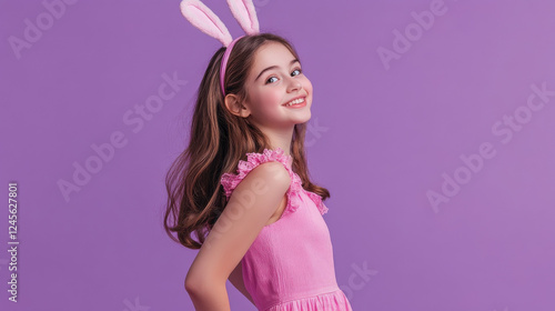 Russian 15-year-old teen in bright pink dress with bunny ears for Easter