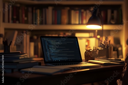 Learning and Knowledge: Late night coding session in a cozy study filled with books and warm light, Representing Education, Research, and Intellectual Growth, Perfect for Educational Content