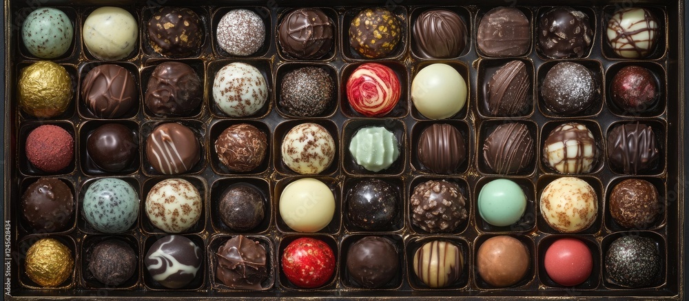 Luxurious assortment of chocolate bonbons arranged in a grid showcasing rich dark, milk, and white chocolates with vibrant colors and intricate designs Luxurious assortment of chocolate bonbons arranged in a grid showcasing rich dark, milk, and white chocolates with vibrant colors and intricate designs