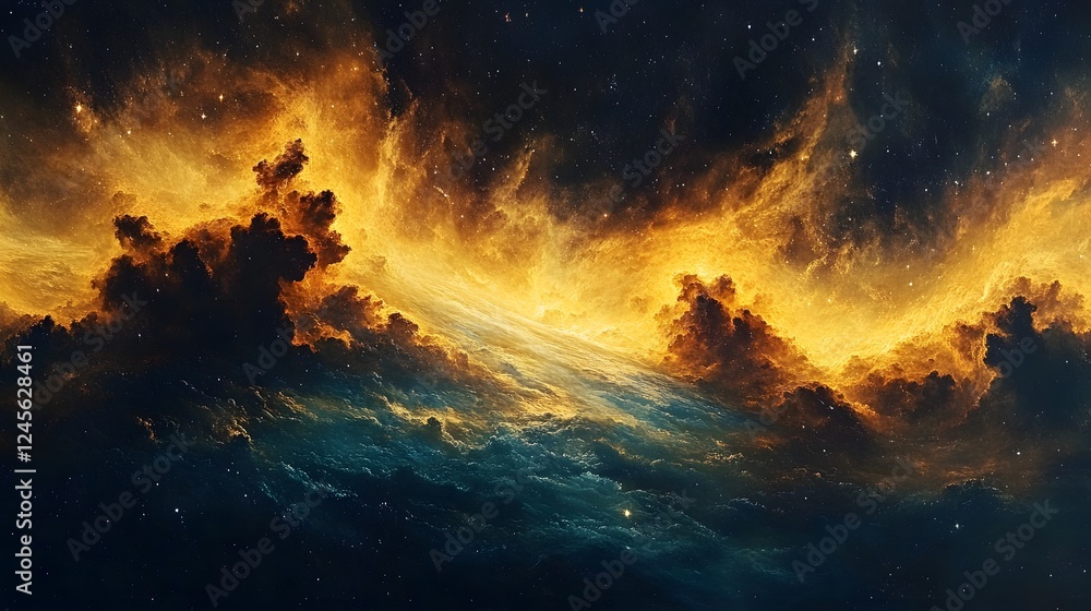 Fototapeta premium Large orange cloud with radiant yellow celestial energy motifs pulsing in the sky