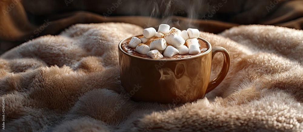 Warm brown mug filled with hot chocolate topped with fluffy marshmallows on a soft beige blanket, steam rising in a cozy setting. Warm brown mug filled with hot chocolate topped with fluffy marshmallows on a soft beige blanket, steam rising in a cozy setting.