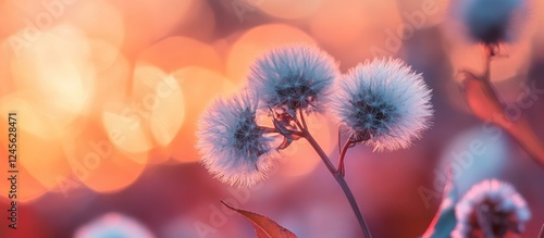 Beautiful soft-focus floral background featuring round white flowers on slender stems, with a dreamy bokeh effect in warm pink and orange tones.