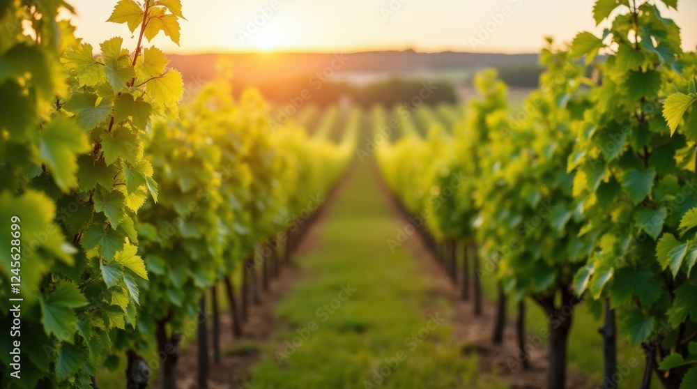 Naklejka premium A panoramic photograph of a lush green vineyard