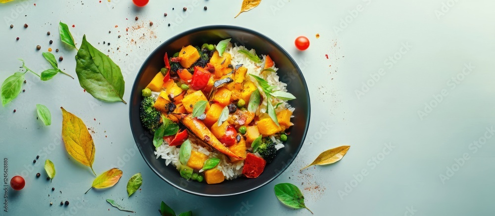 Colorful aerial view of vibrant vegan Indian curry with chopped vegetables on white rice in a black bowl against a soft teal background. Colorful aerial view of vibrant vegan Indian curry with chopped vegetables on white rice in a black bowl against a soft teal background.