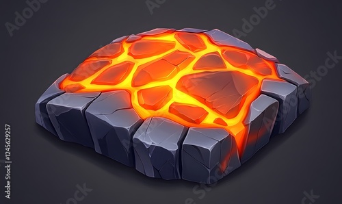 Molten lava rock texture, game asset, dark background, fiery surface, 3D render photo