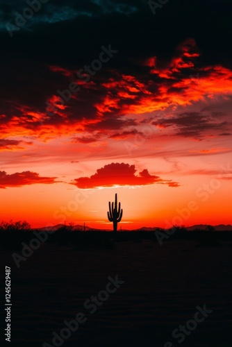 Fiery Sunset Sky Over Desert Cactus Silhouette