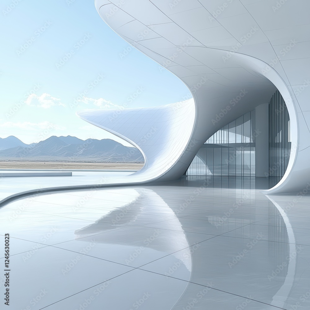 Large white building with a curved design and a large window Large white building with a curved design and a large window