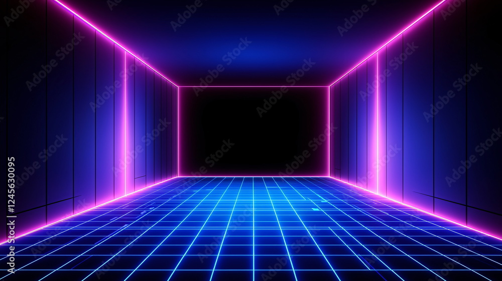 Neon grid room with bright pink and blue lights illuminating the walls and floor creating a futuristic ambiance for artistic projects or virtual environments. Neon grid room with bright pink and blue lights illuminating the walls and floor creating a futuristic ambiance for artistic projects or virtual environments.
