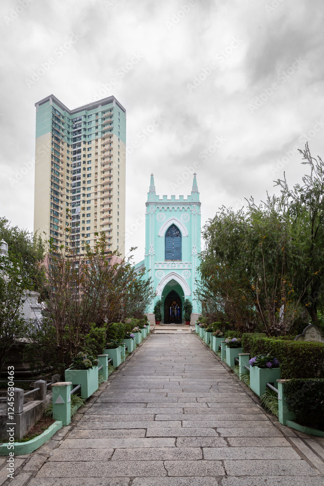 Fototapeta premium entrance of catholic temple in Macao during cloudy day