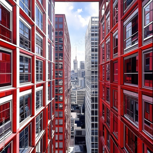 Red building with a white tower in the middle of a city