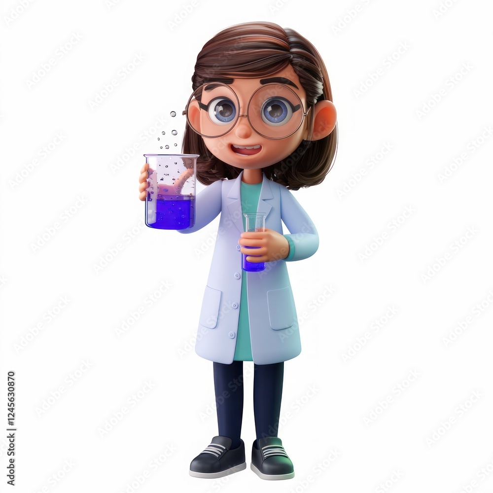 a smiling female cartoon scientist holding a beaker with purple liquid. she wears a white lab coat, glasses, and a blue shirt. her hair is dark brown, and she appears excited about her experiment a smiling female cartoon scientist holding a beaker with purple liquid. she wears a white lab coat, glasses, and a blue shirt. her hair is dark brown, and she appears excited about her experiment