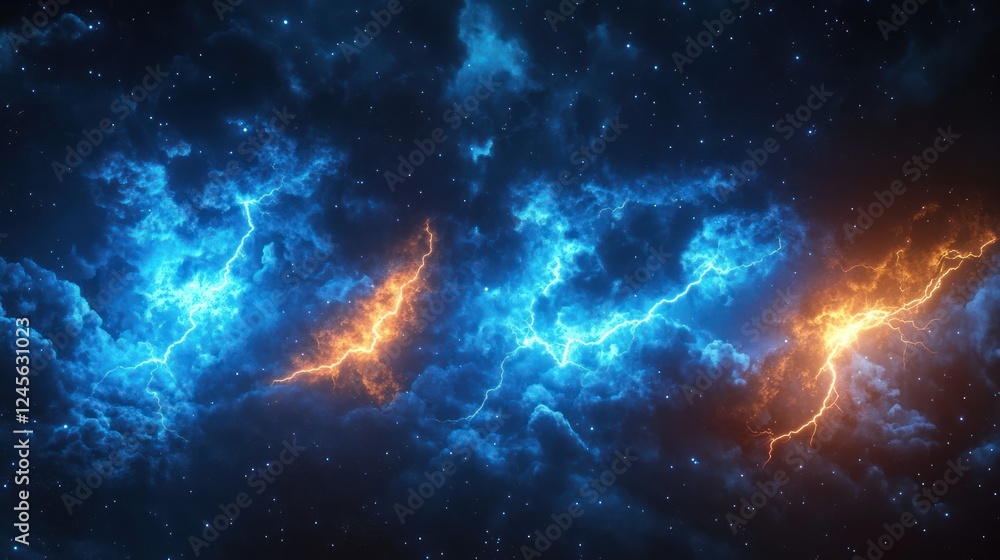Fototapeta premium Abstract cosmic energy; blue and orange lightning in nebula.
