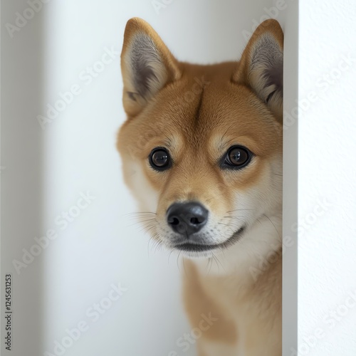 A friendly Shiba Inu dog peeking around a corner with a curious expression. photo