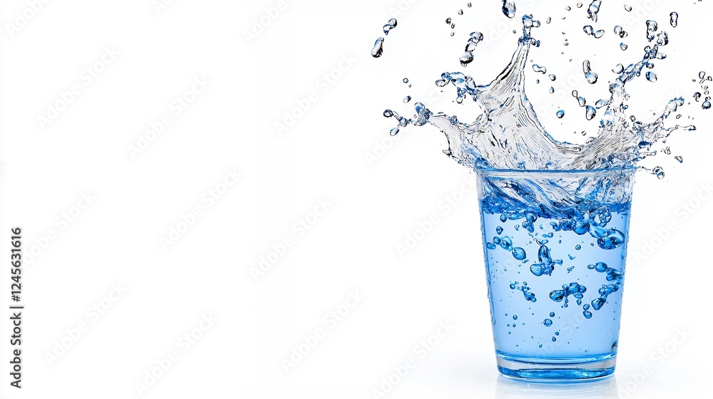 Dynamic Splash of Refreshing Blue Liquid in a Glass, Clean White Background Dynamic Splash of Refreshing Blue Liquid in a Glass, Clean White Background