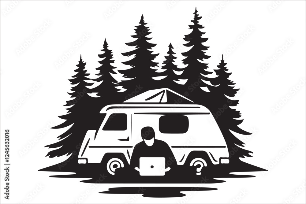 Obraz premium Scenic Mountain Landscape with Camping Silhouettes Vector Art