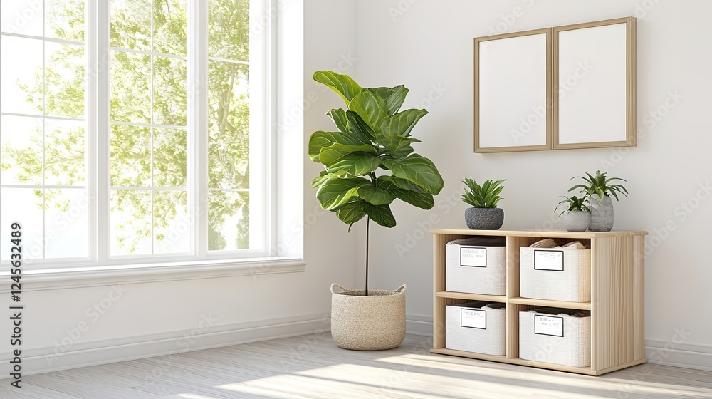 Fototapeta premium A minimalist room with organized storage boxes labeled for sorting items.