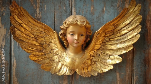 Golden angel sculpture with outstretched wings adorning a rustic wooden backdrop