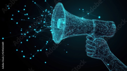 Abstract polygonal megaphone in hand, broadcasting digital message.
