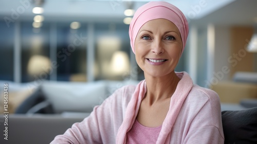 Portrait of the patient woman after chemotherapy female cancer patient wearing head scarf 
