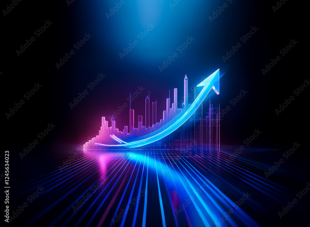 Fototapeta premium Neon arrow points upward, illuminated in vibrant pink and blue hues against a dark backdrop. Cityscape silhouette suggests growth and progress in a modern, technological style.